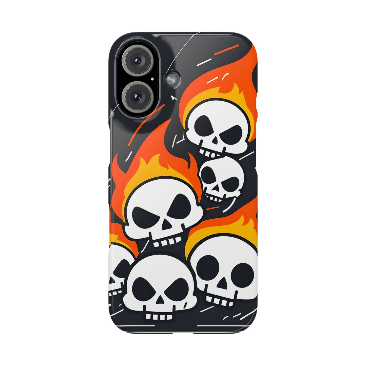 Flaming Skulls Slim Phone Case, Y2K Alt Halloween Aesthetic, Creepy Cute Cartoon Style, Stylish Music Lovers, Perfect Gift for Halloween