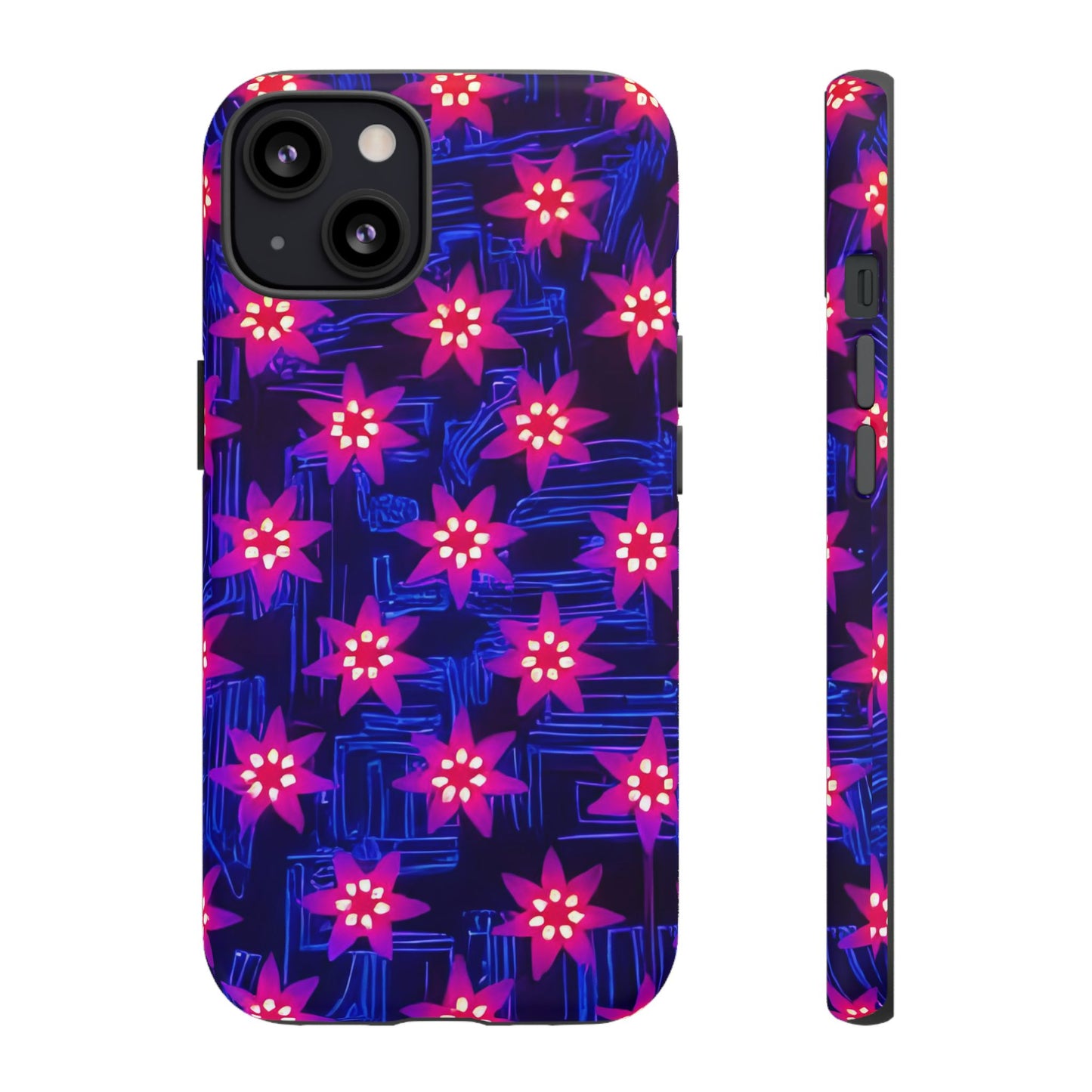 Neon Flower Tough Phone Case - Trippy Dark Floral Art, Electric Glow Aesthetic, Compatible with iPhone, Galaxy, and Google Phones