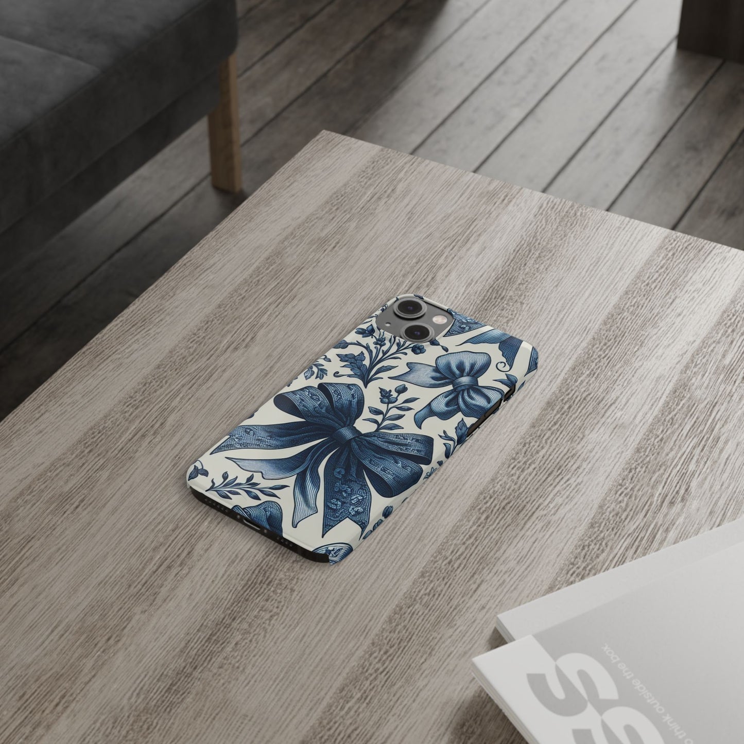 Elegant Floral Bow Slim Phone Case, Blue Flower Phone Cover, Gift for Her, Stylish Tech Accessory, Wedding Gift, Floral Design
