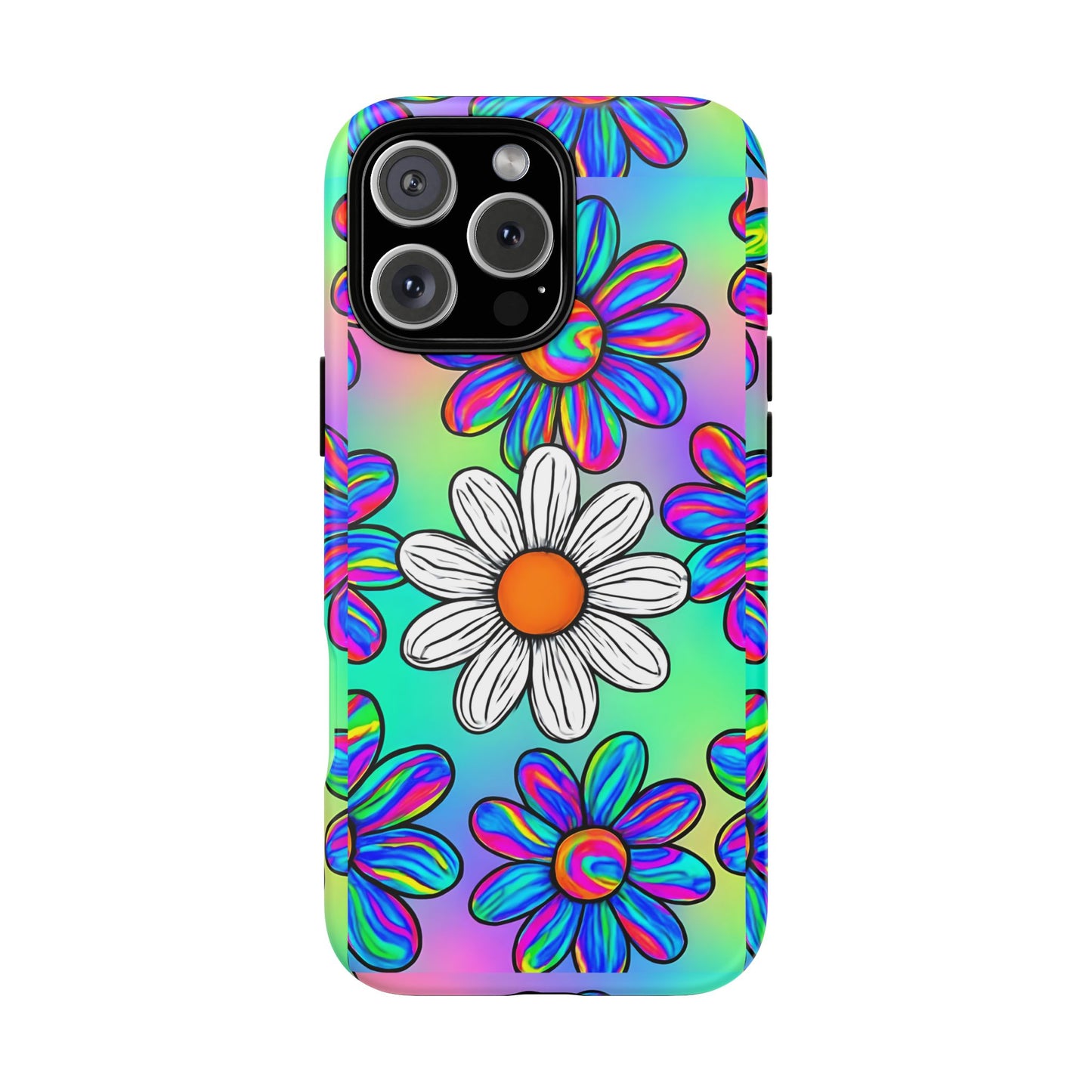 Trippy Daisy Tough Phone Case - Psychedelic Floral Design, Colorful Retro Aesthetic, Compatible with iPhone, Galaxy, and Google Phones
