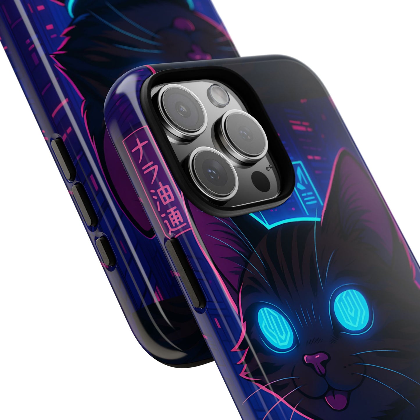 Cyberpunk Cat Tough Phone Case - Vaporwave Anime Kitty Design, Futuristic Neon Aesthetic, Compatible with iPhone, Galaxy, and Google Phones