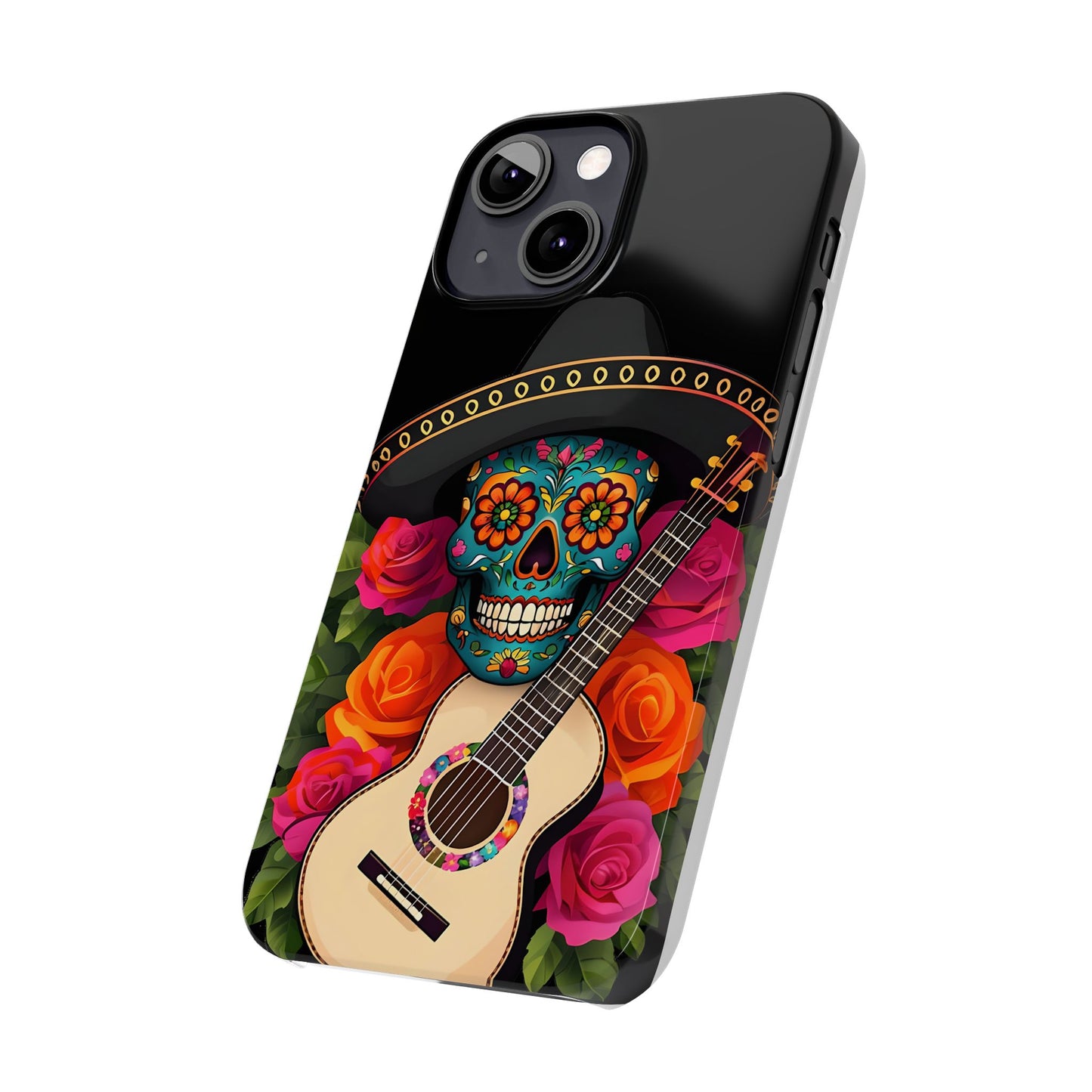 Mariachi Skull Slim Phone Case, Colorful Folk Aesthetic, Halloween Floral Skull Design, Gift for Mexican Culture Lovers