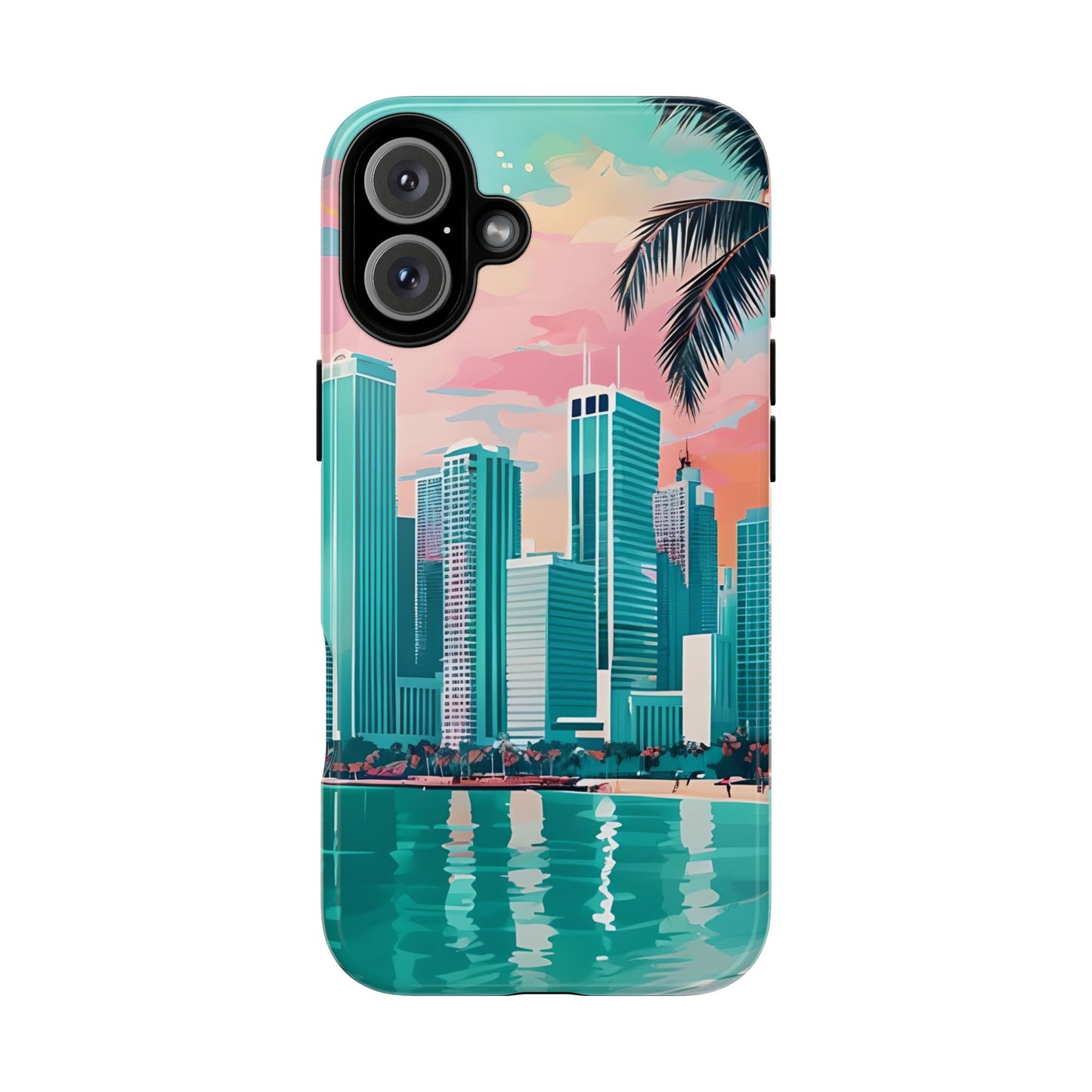 Miami Cityscape Phone Case - Tropical Skyline Tough Case, Sunset Beach Urban Art, Gift for Travelers Compatible with iPhone, Galaxy, Google