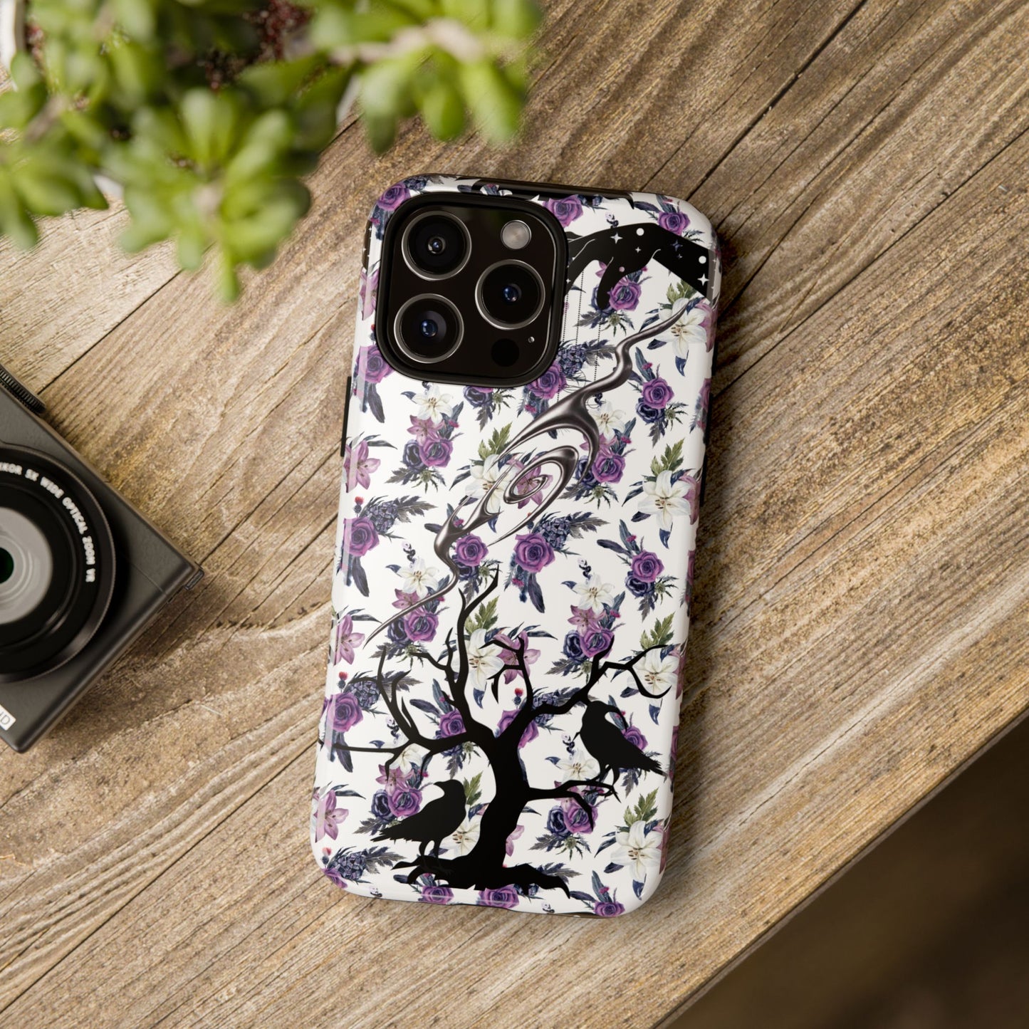 Gothic Floral Phone Case, Raven Crow Dark Tree Purple Rose Lily Design, Compatible with iPhone, Galaxy, Pixel, Witchy Gift, Spooky Vibes