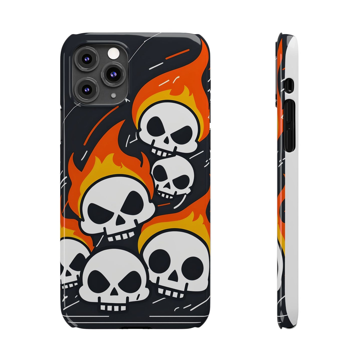 Flaming Skulls Slim Phone Case, Y2K Alt Halloween Aesthetic, Creepy Cute Cartoon Style, Stylish Music Lovers, Perfect Gift for Halloween