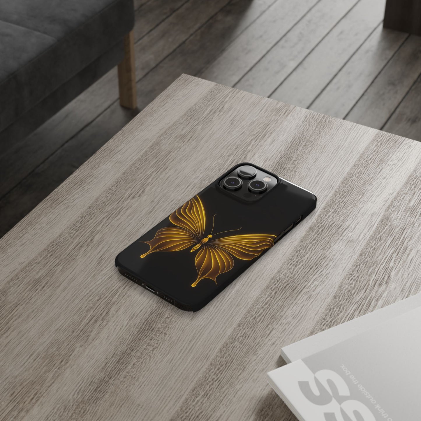 Golden Butterfly Phone Case, Elegant Insect Art, Black Aesthetic Slim Phone Case Compatible with iPhone, Galaxy, Google
