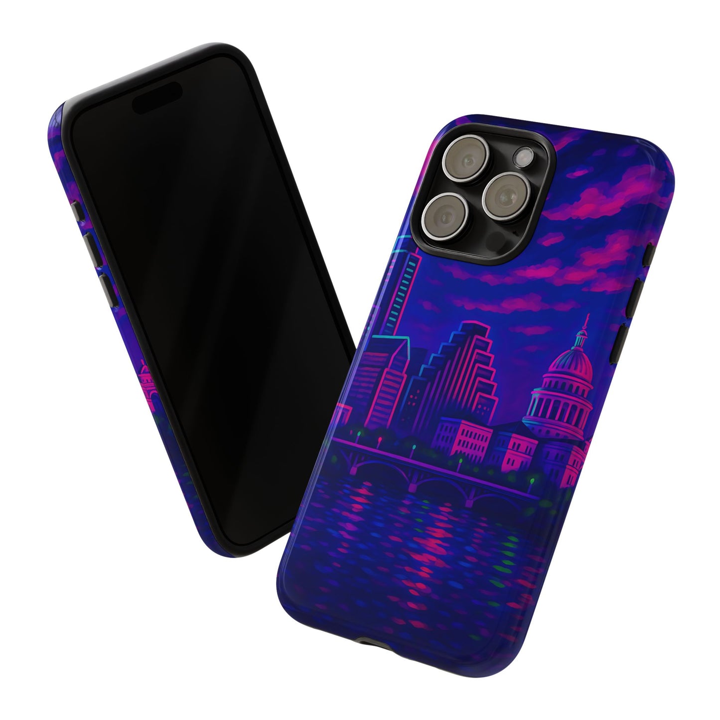Cityscape Tough Phone Case, Austin Texas Skyline Phone Cover, Neon Night Design Compatible with iPhone, Galaxy & Google