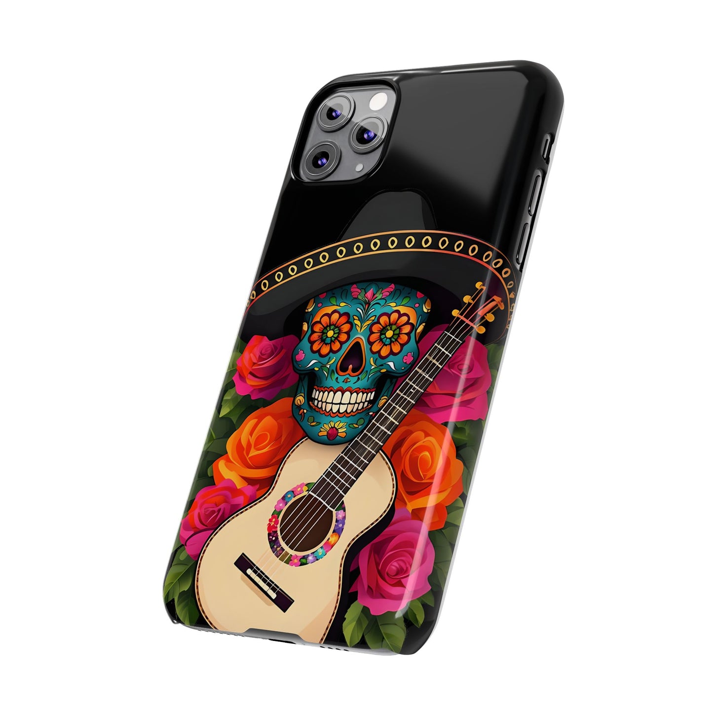 Mariachi Skull Slim Phone Case, Colorful Folk Aesthetic, Halloween Floral Skull Design, Gift for Mexican Culture Lovers