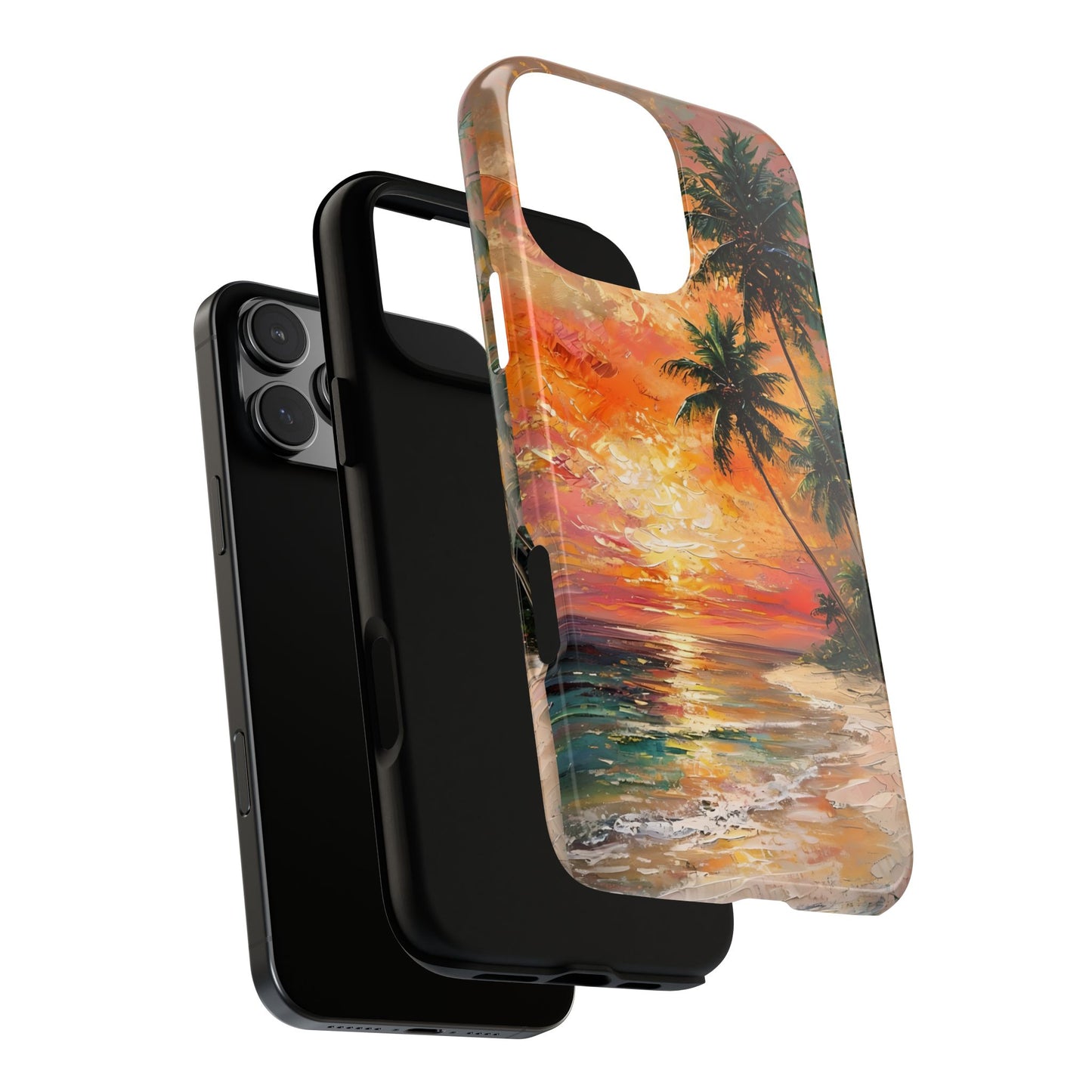 Tropical Beach Scenery Tough Phone Case, Oil Painting, Sunset Shoreline Compatible with iPhone 17, 16, 15, 14, 13, Galaxy, Google