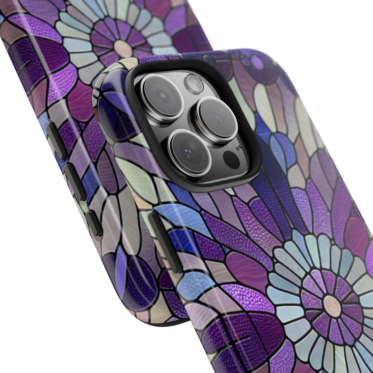 Purple Stained Glass Floral Phone Case Durable & Vibrant, Elegant Tough Cover compatible with iPhone and Samsung Galaxy Purple Mosaic Art