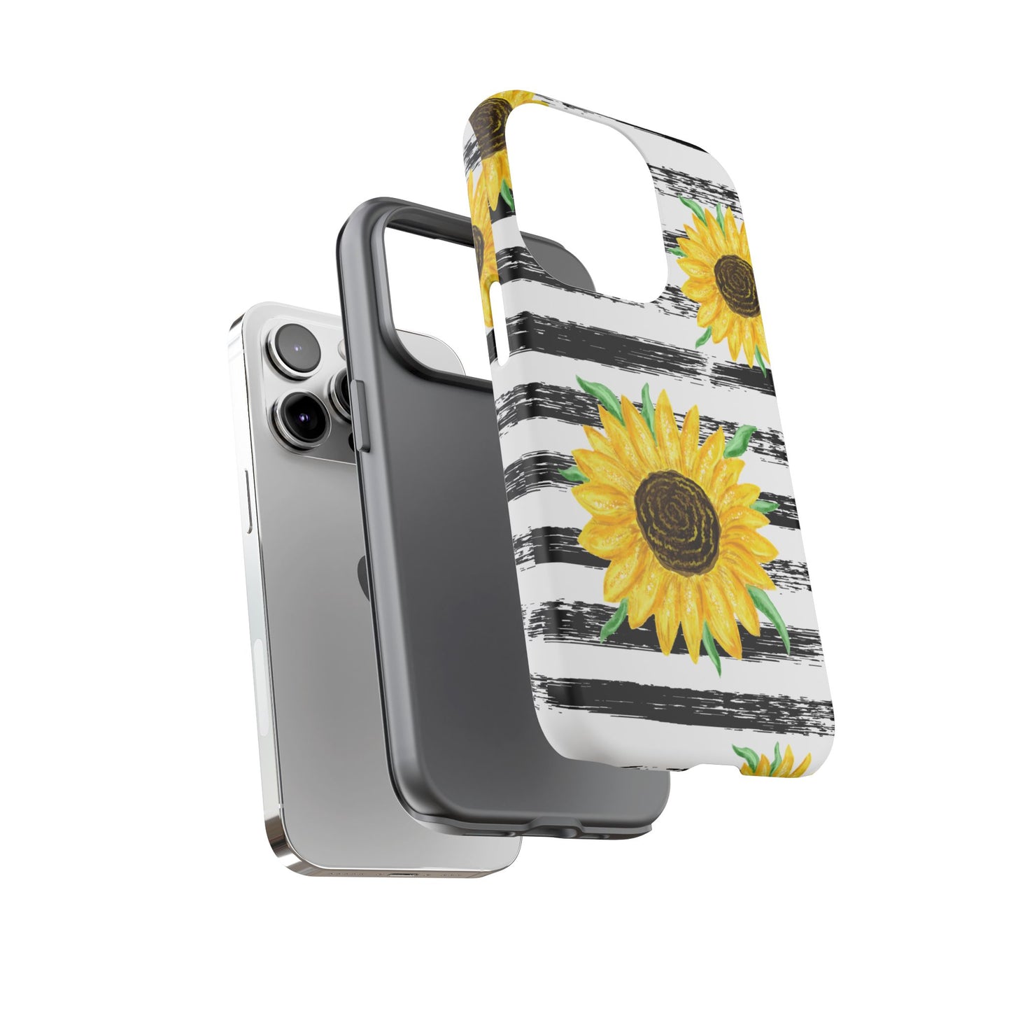 Sunflower Tough Phone Case - Bright Yellow Floral Art, Black and White Striped Aesthetic, Compatible with iPhone, Galaxy, and Google Phones