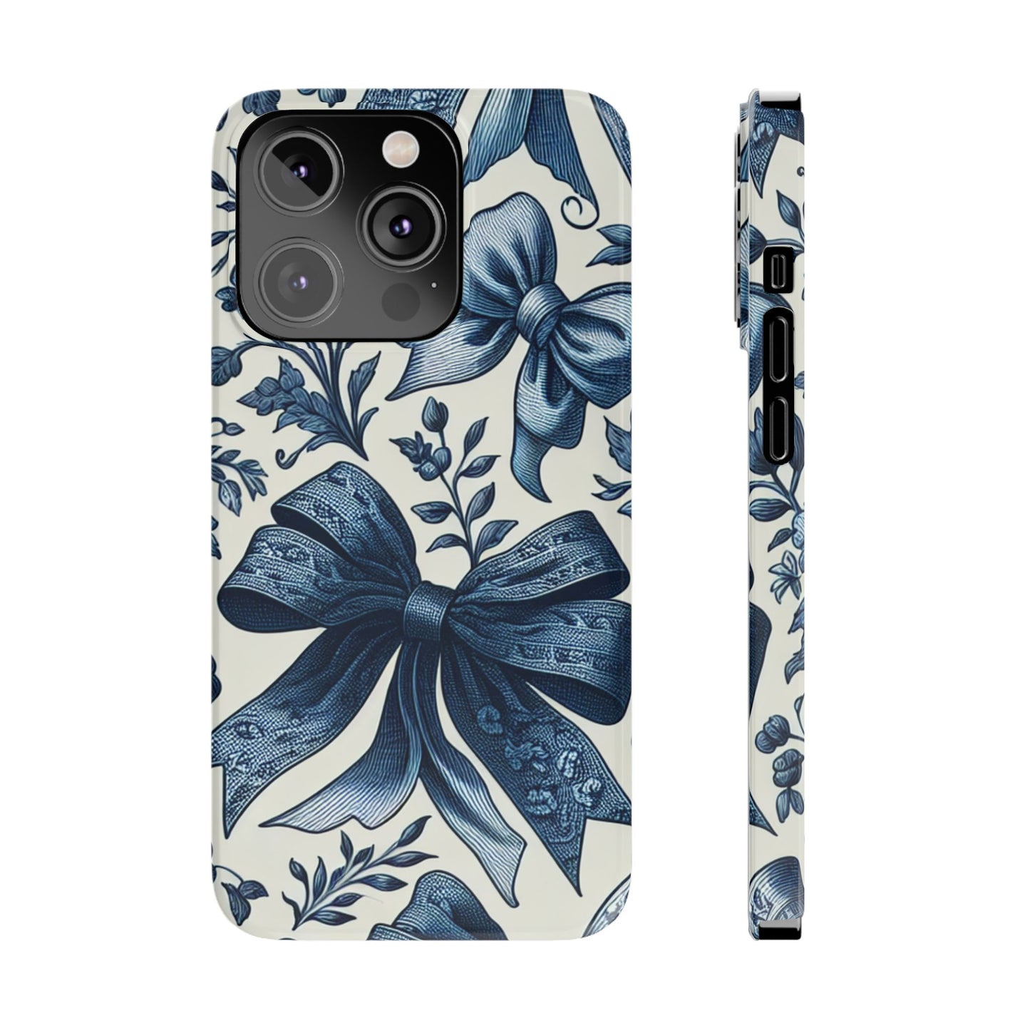 Elegant Floral Bow Slim Phone Case, Blue Flower Phone Cover, Gift for Her, Stylish Tech Accessory, Wedding Gift, Floral Design