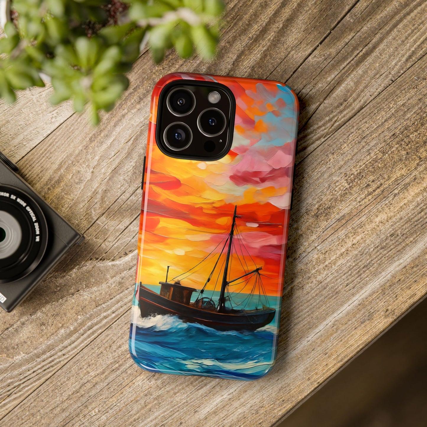 Ocean Art Scenery Tough Phone Case, Oil Painting Style Nautical Sunset Compatible with iPhone 17, 16, 15, 14, 13, Galaxy, Google