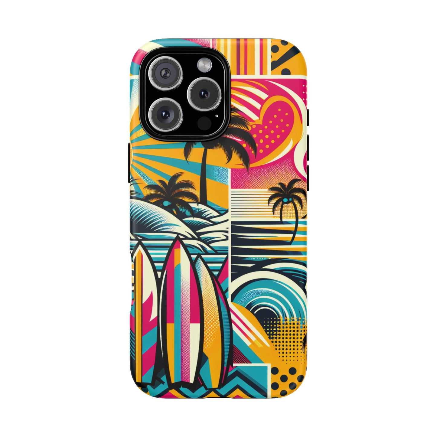 Surf Pop Phone Case - Colorful Retro Beach Vibe with Palm Trees and Surfboard compatible with iPhone, Samsung Galaxy and Pixel Summer Cover
