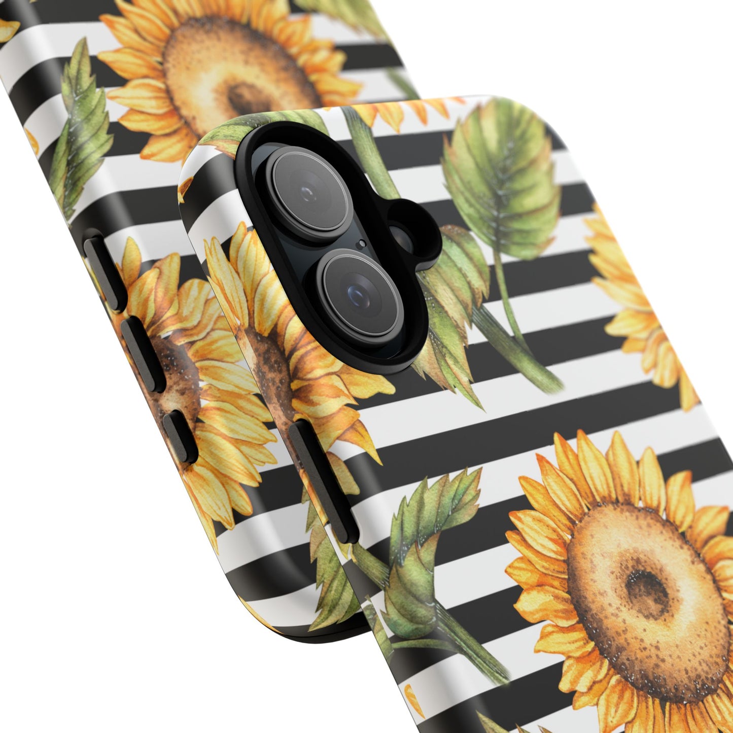 Sunflower Tough Phone Case - Bold Yellow Floral Art, Black and White Striped Aesthetic, Compatible with iPhone, Galaxy, and Google Phones