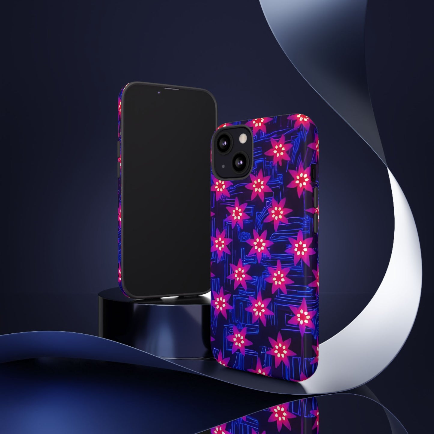 Neon Flower Tough Phone Case - Trippy Dark Floral Art, Electric Glow Aesthetic, Compatible with iPhone, Galaxy, and Google Phones