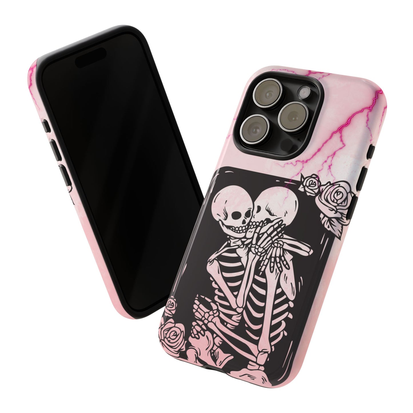 Skeleton Lovers Phone Case, Pastel Goth Romance Phone Cover, Pink Marble Spooky Valentine Case, Cute Gothic Couple Aesthetic Accessory Gifts