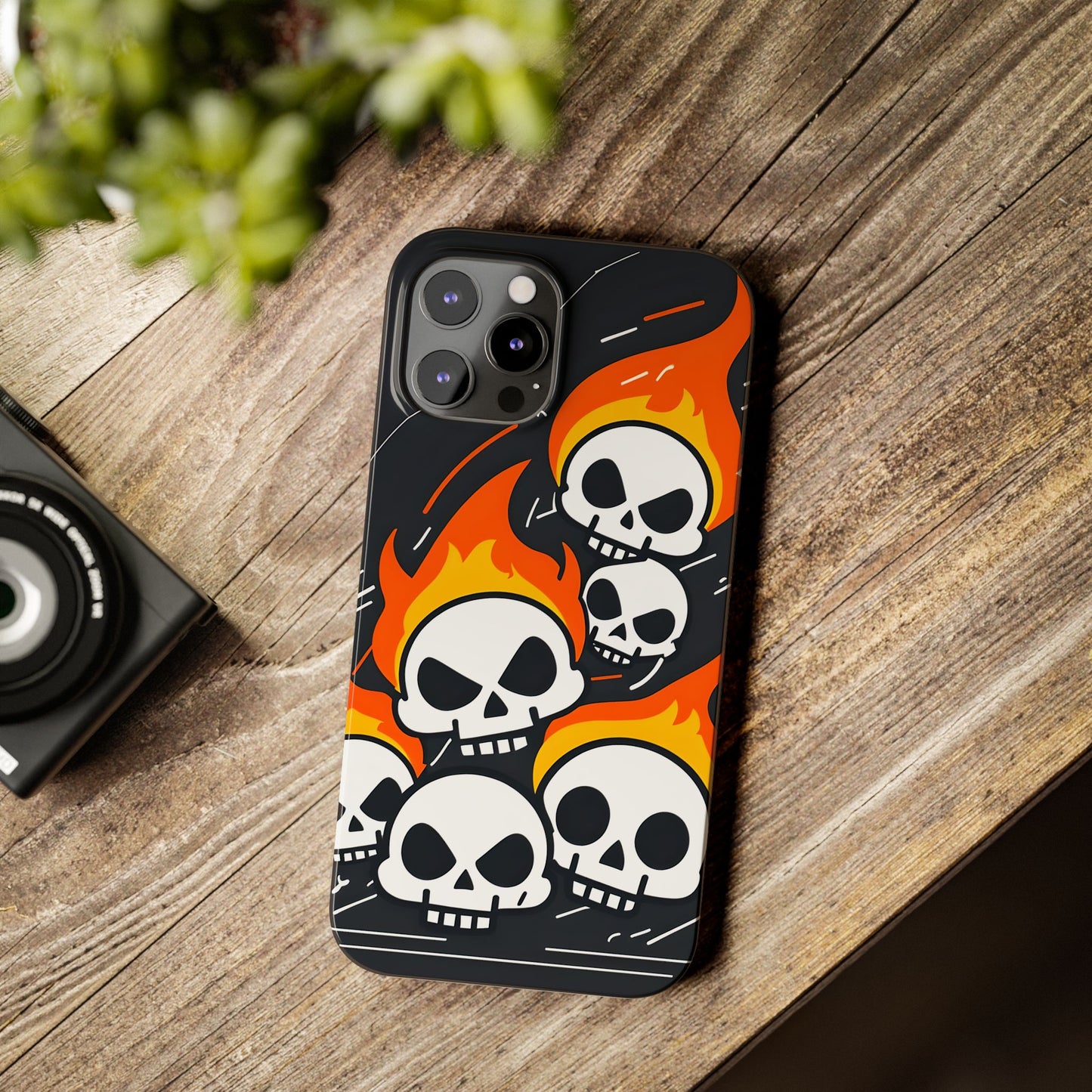 Flaming Skulls Slim Phone Case, Y2K Alt Halloween Aesthetic, Creepy Cute Cartoon Style, Stylish Music Lovers, Perfect Gift for Halloween