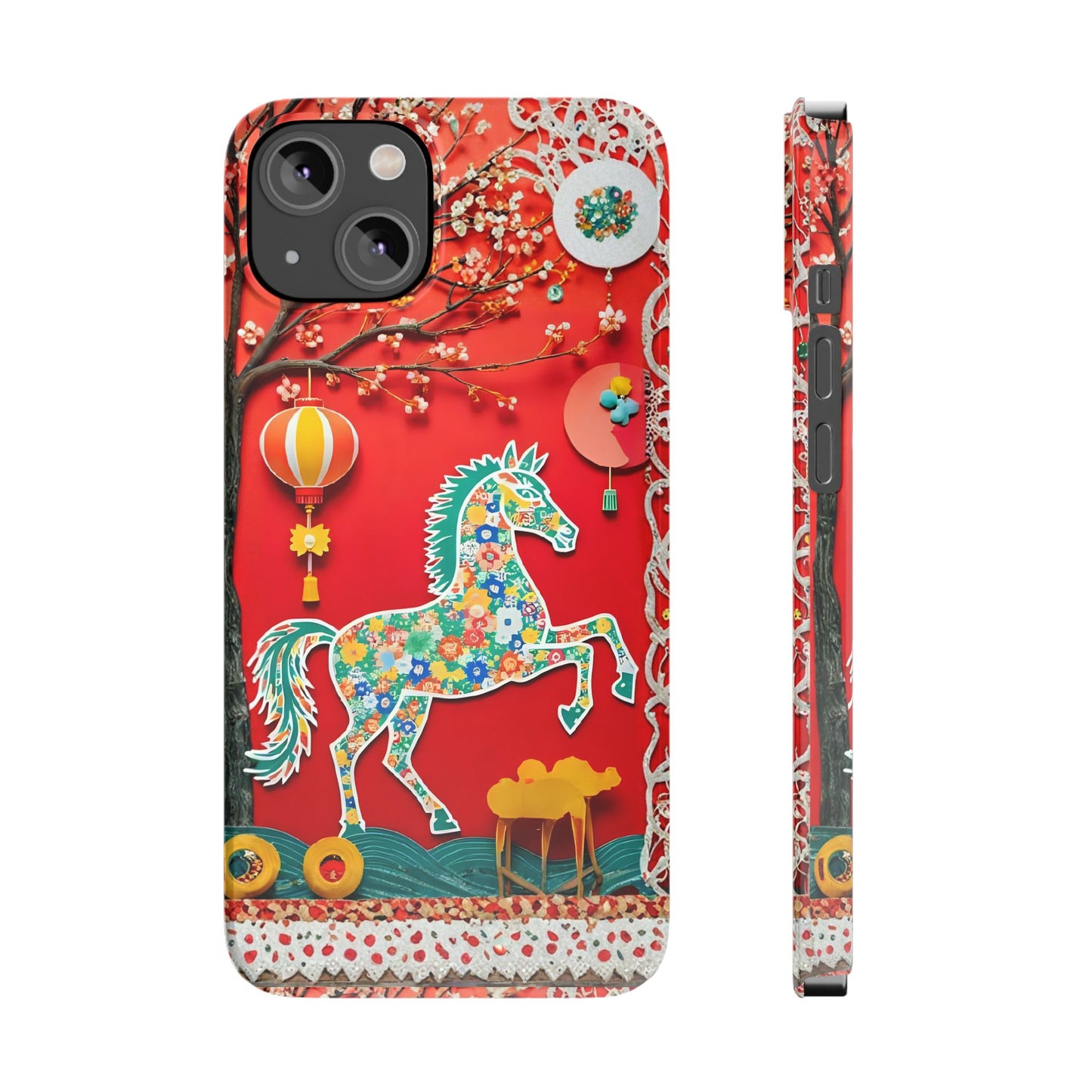 Year of the Horse Slim Phone Case, Flower Art Chinese Zodiac 2026 Design, compatible with iPhone 17 16 15 14 13 12 11