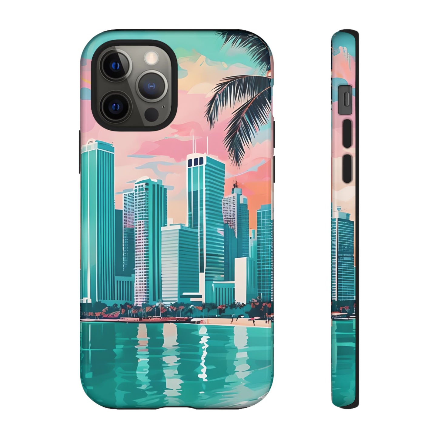 Miami Cityscape Phone Case - Tropical Skyline Tough Case, Sunset Beach Urban Art, Gift for Travelers Compatible with iPhone, Galaxy, Google