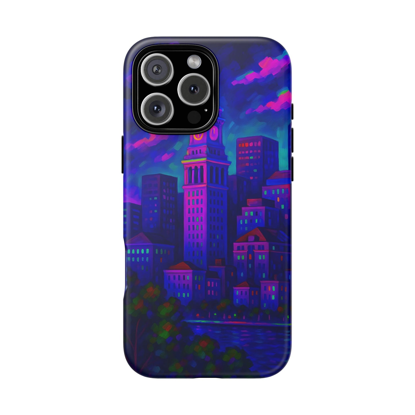 Boston Cityscape Tough Phone Case, Neon Night Skyline, Sunset Tower View Watercolor Urban Art, Compatible with iPhone, Galaxy, Google Phones