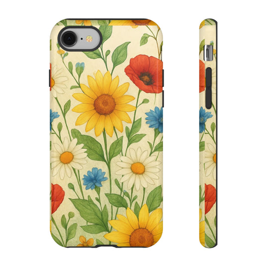 Cottagecore Wildflower Tough Phone Case - Hand-Drawn Floral Art, Vintage Botanical Aesthetic, Compatible with iPhone, Galaxy, and Google