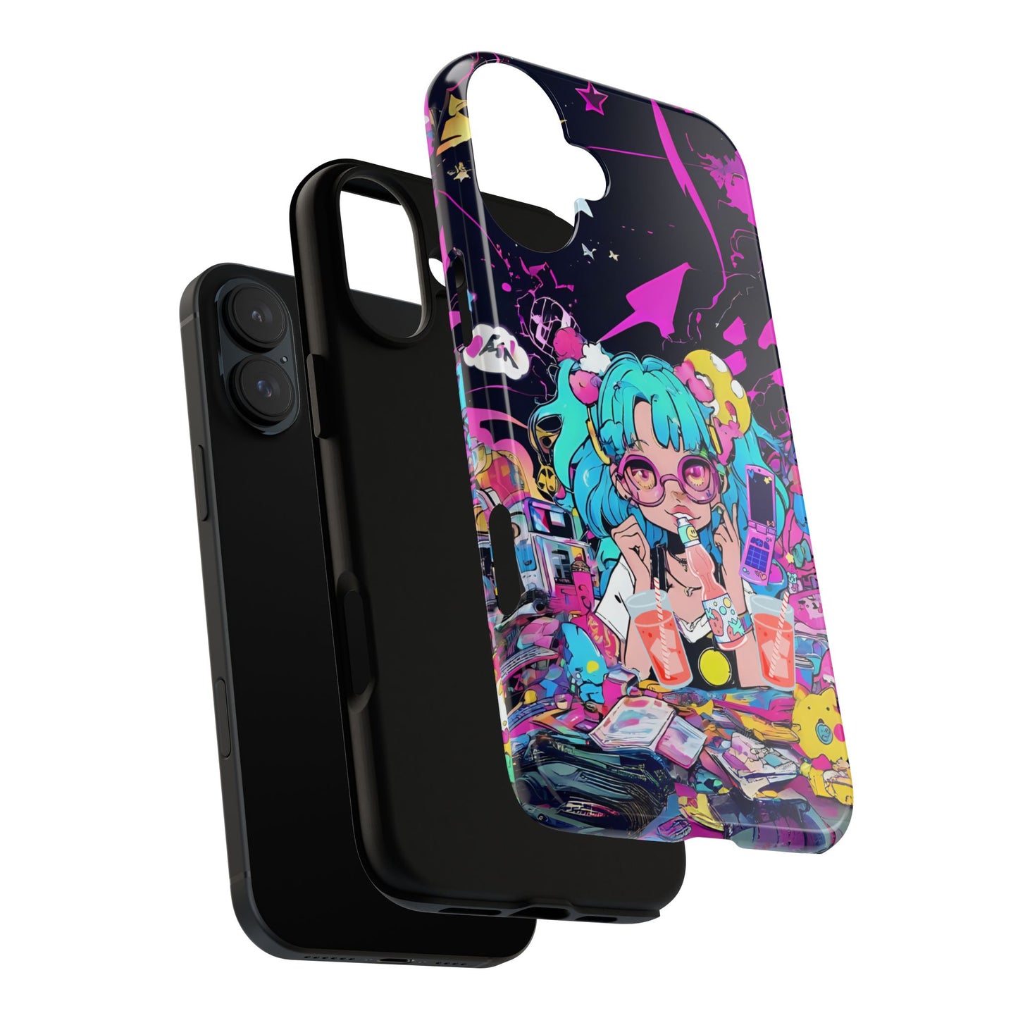 Y2K Anime Girl Tough Phone Case - Kawaii Vaporwave Style, Cute Maximalist Aesthetic, Compatible with iPhone, Galaxy, and Google Phones