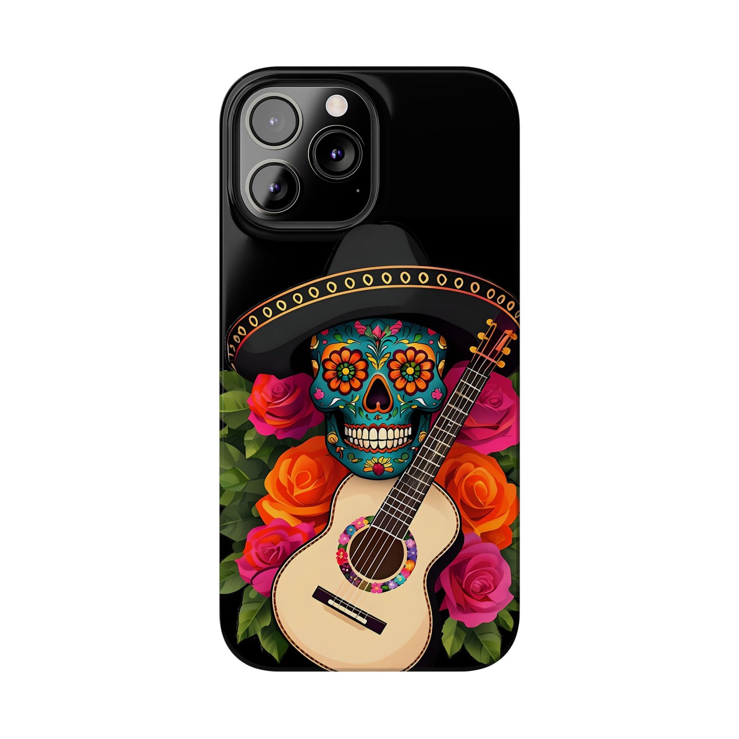 Mariachi Skull Slim Phone Case, Colorful Folk Aesthetic, Halloween Floral Skull Design, Gift for Mexican Culture Lovers