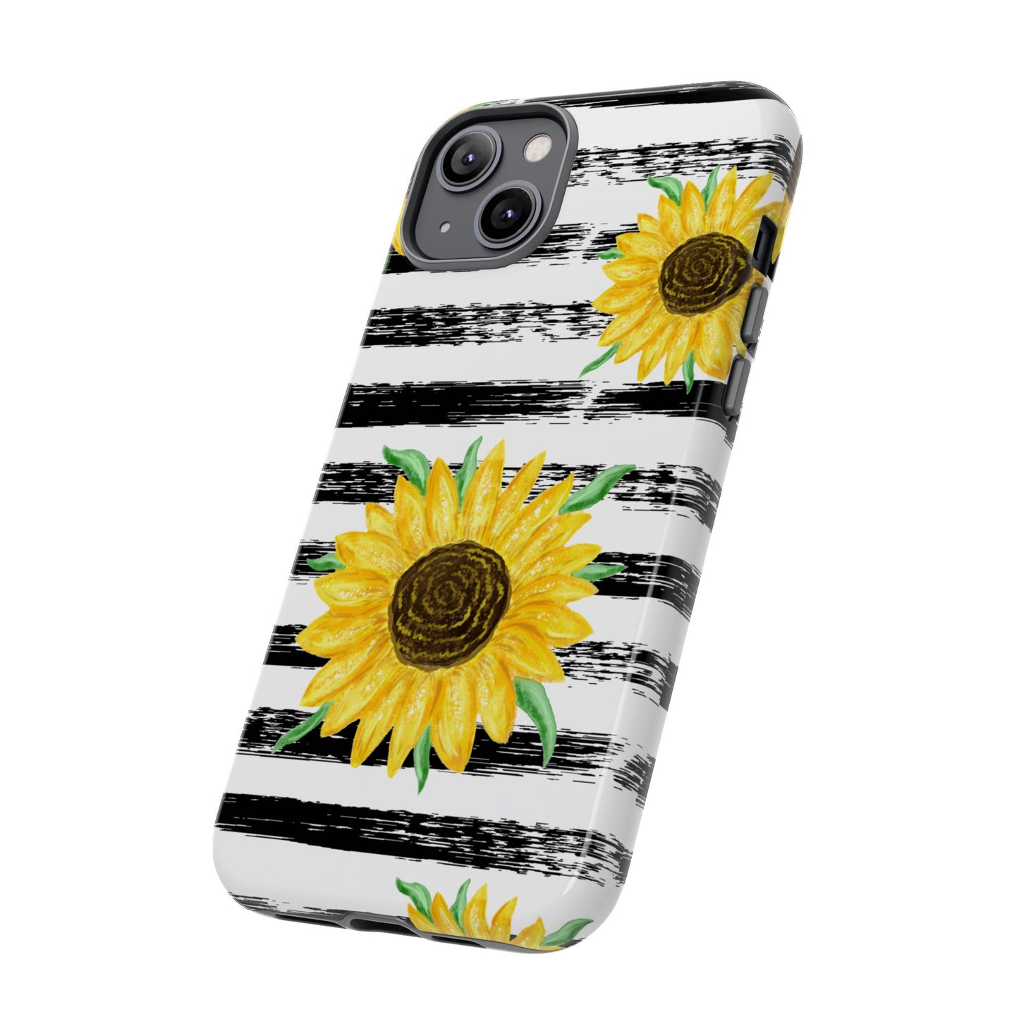 Sunflower Tough Phone Case - Bright Yellow Floral Art, Black and White Striped Aesthetic, Compatible with iPhone, Galaxy, and Google Phones