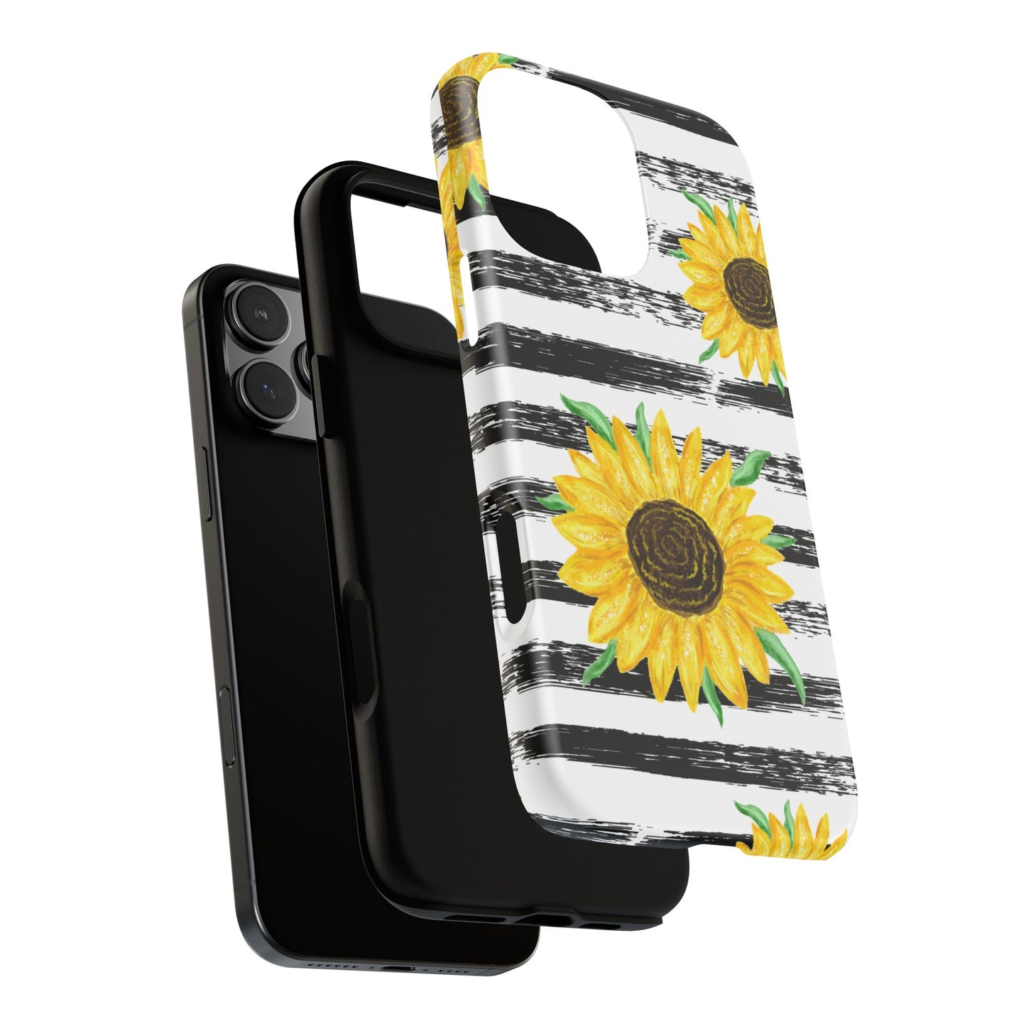 Sunflower Tough Phone Case - Bright Yellow Floral Art, Black and White Striped Aesthetic, Compatible with iPhone, Galaxy, and Google Phones