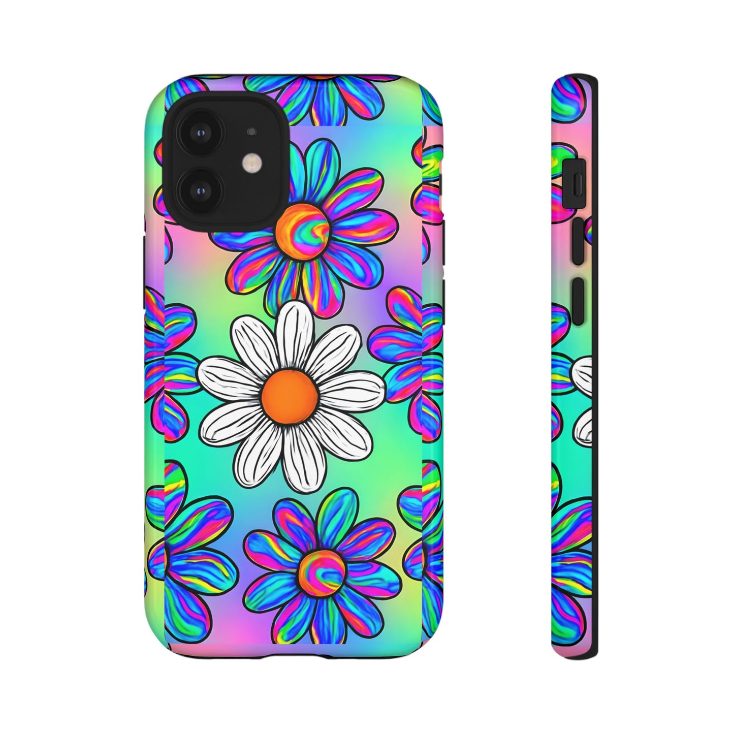 Trippy Daisy Tough Phone Case - Psychedelic Floral Design, Colorful Retro Aesthetic, Compatible with iPhone, Galaxy, and Google Phones