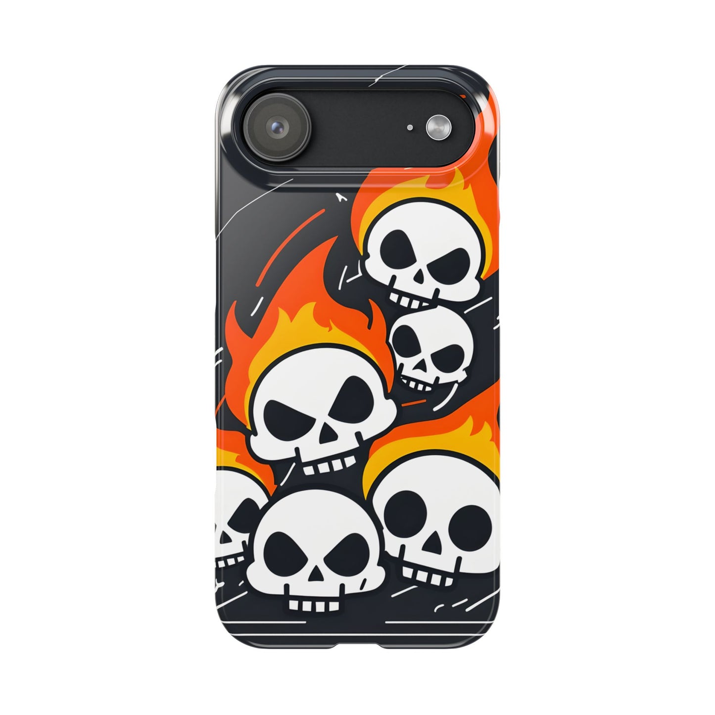 Flaming Skulls Slim Phone Case, Y2K Alt Halloween Aesthetic, Creepy Cute Cartoon Style, Stylish Music Lovers, Perfect Gift for Halloween