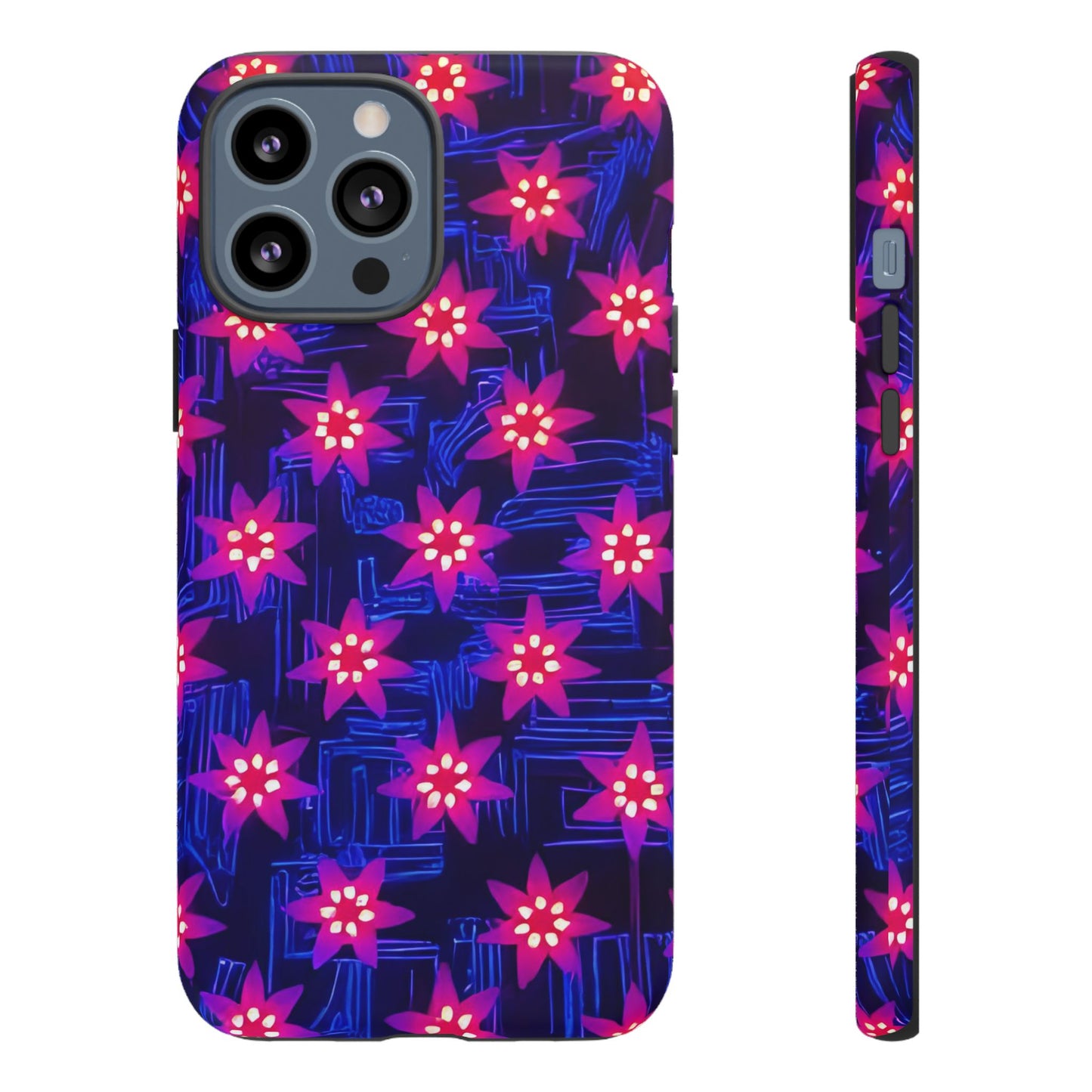 Neon Flower Tough Phone Case - Trippy Dark Floral Art, Electric Glow Aesthetic, Compatible with iPhone, Galaxy, and Google Phones