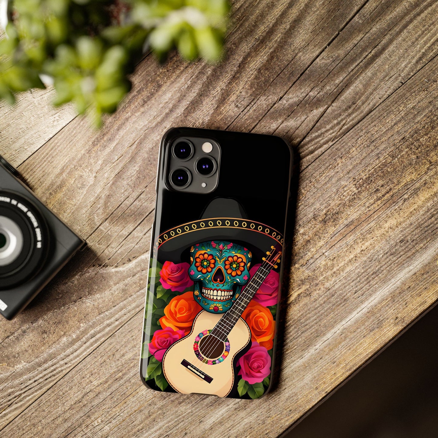 Mariachi Skull Slim Phone Case, Colorful Folk Aesthetic, Halloween Floral Skull Design, Gift for Mexican Culture Lovers