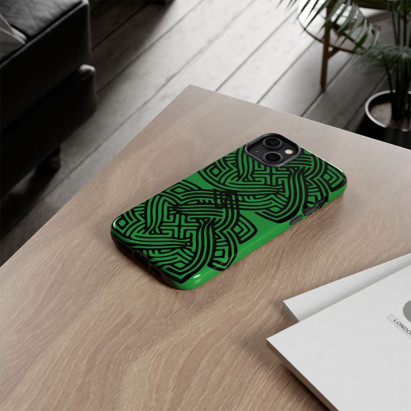 Tough Case Celtic Knot Green and Black Pattern Phone Cover Compatible with iPhone 17, 16, 15, 14, 13, Galaxy, Google, Irish Heritage Design