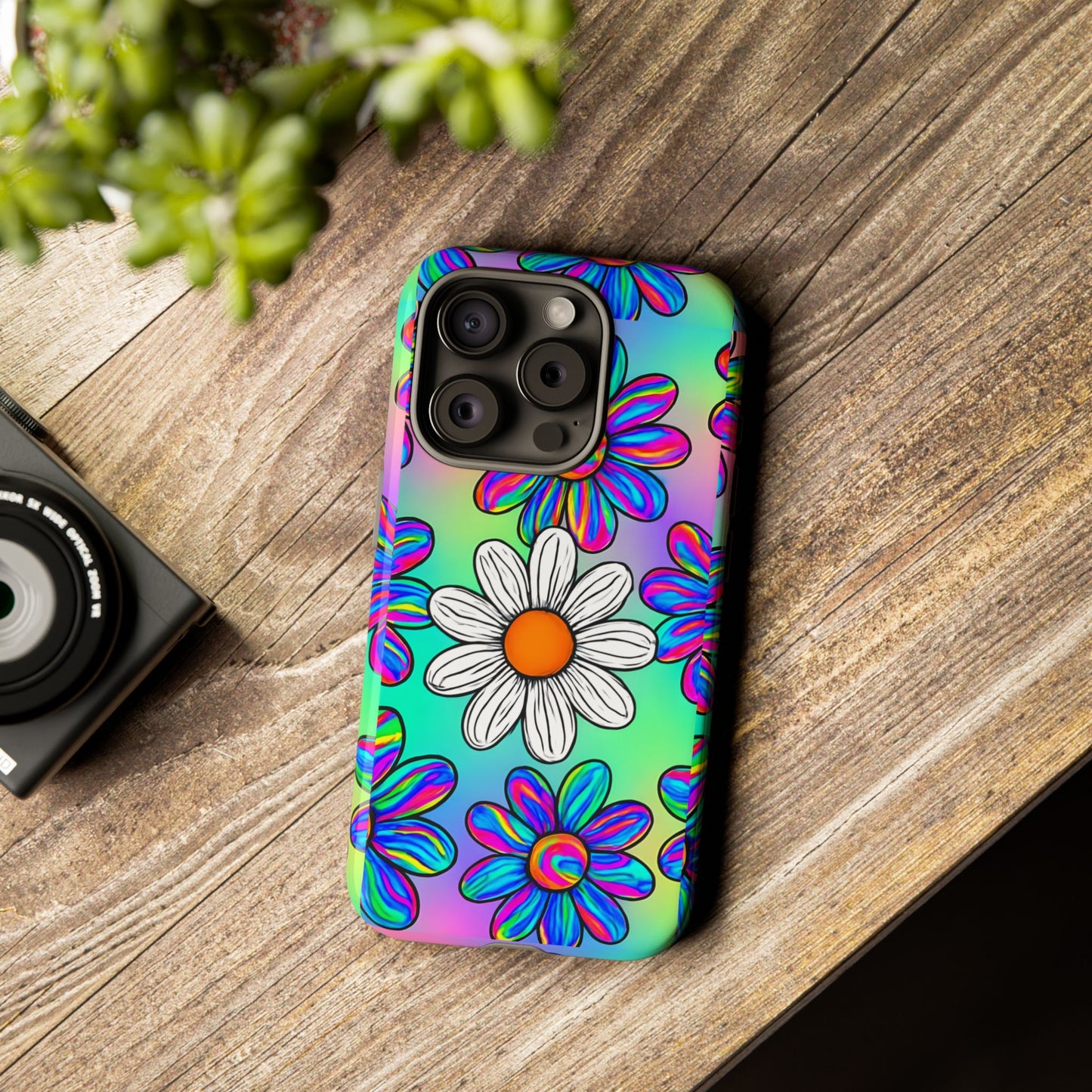 Trippy Daisy Tough Phone Case - Psychedelic Floral Design, Colorful Retro Aesthetic, Compatible with iPhone, Galaxy, and Google Phones