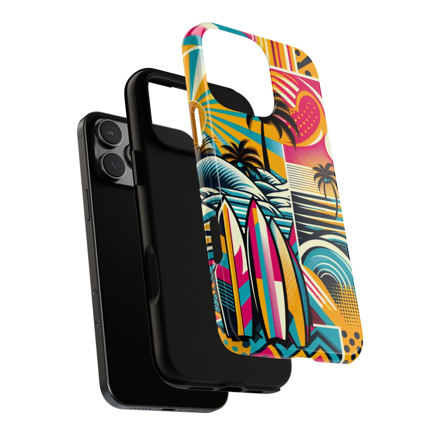 Surf Pop Phone Case - Colorful Retro Beach Vibe with Palm Trees and Surfboard compatible with iPhone, Samsung Galaxy and Pixel Summer Cover