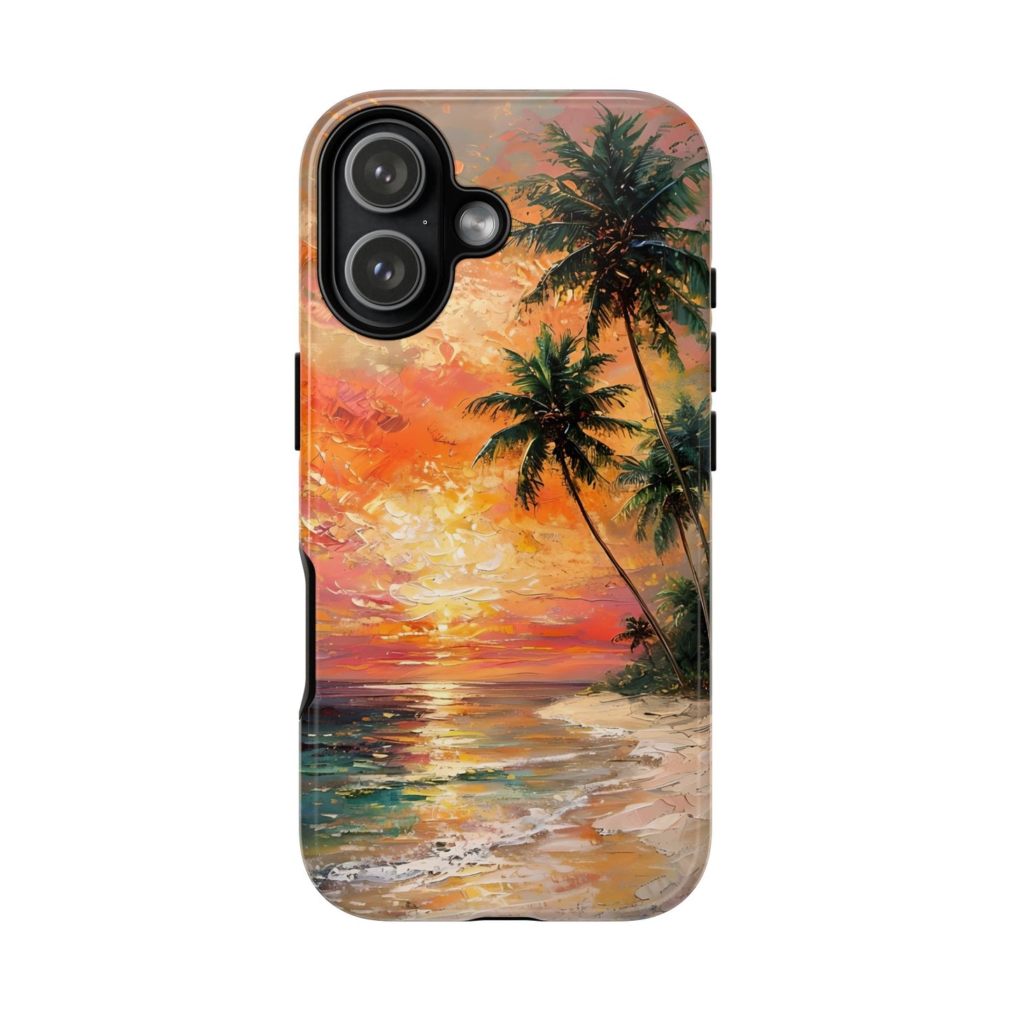Tropical Beach Scenery Tough Phone Case, Oil Painting, Sunset Shoreline Compatible with iPhone 17, 16, 15, 14, 13, Galaxy, Google
