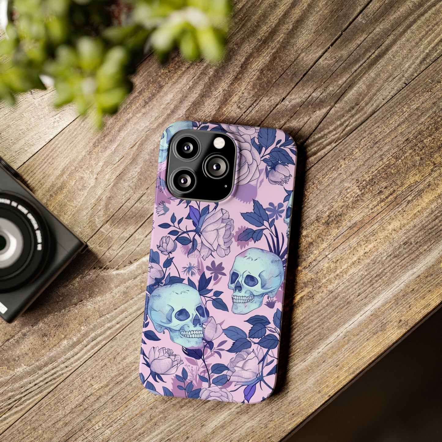 Floral Skull Slim Phone Case - Aesthetic, Trendy, Gift for Goth Lovers, Unique Phone Accessories, Floral Print, Halloween Decor