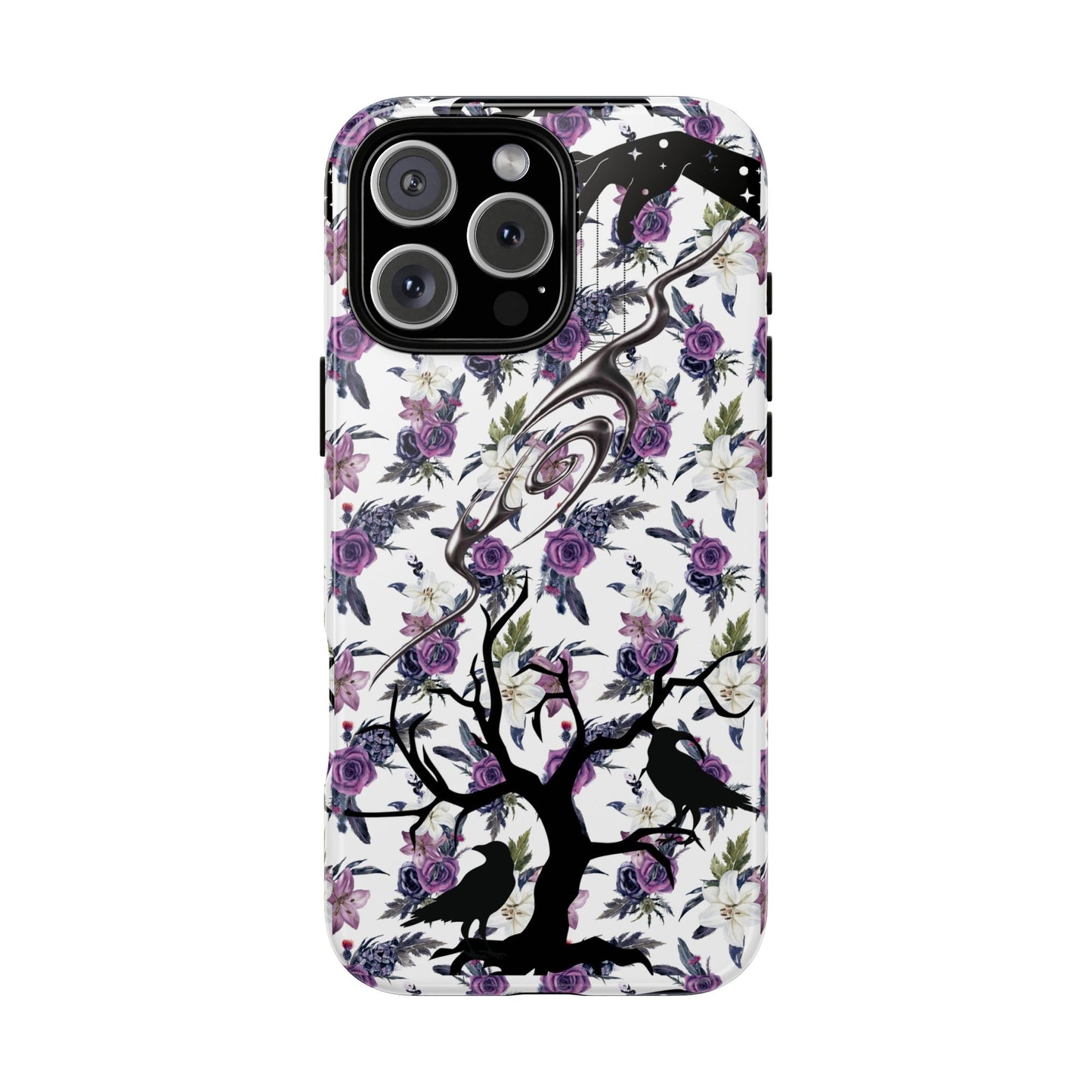 Gothic Floral Phone Case, Raven Crow Dark Tree Purple Rose Lily Design, Compatible with iPhone, Galaxy, Pixel, Witchy Gift, Spooky Vibes