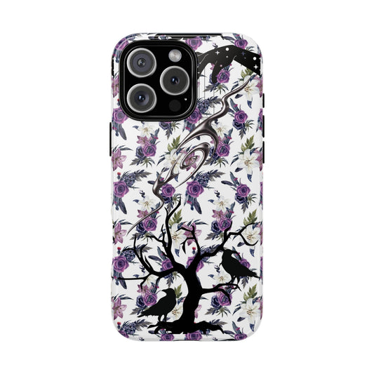 Gothic Floral Phone Case, Raven Crow Dark Tree Purple Rose Lily Design, Compatible with iPhone, Galaxy, Pixel, Witchy Gift, Spooky Vibes