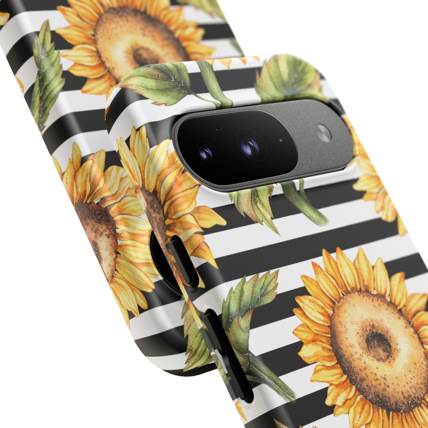 Sunflower Tough Phone Case - Bold Yellow Floral Art, Black and White Striped Aesthetic, Compatible with iPhone, Galaxy, and Google Phones