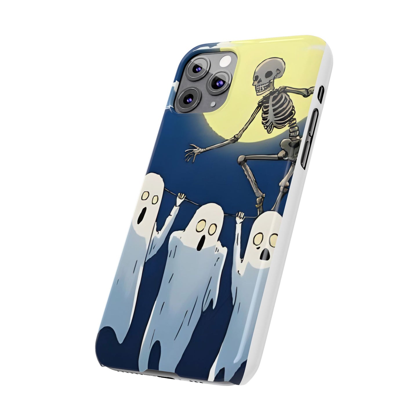 Jumping Skeleton Slim Phone Case - Halloween Aesthetic, Creepy Cute Ghost Cartoon Style, Compatible with iPhone, Galaxy, and Google Phones
