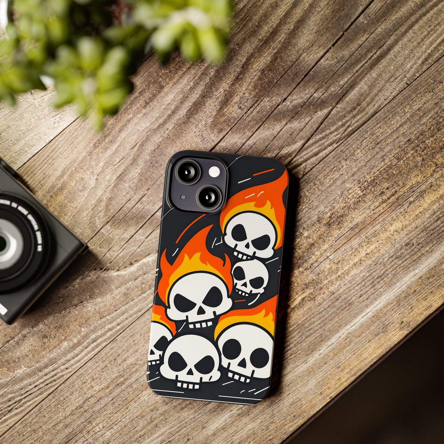 Flaming Skulls Slim Phone Case, Y2K Alt Halloween Aesthetic, Creepy Cute Cartoon Style, Stylish Music Lovers, Perfect Gift for Halloween