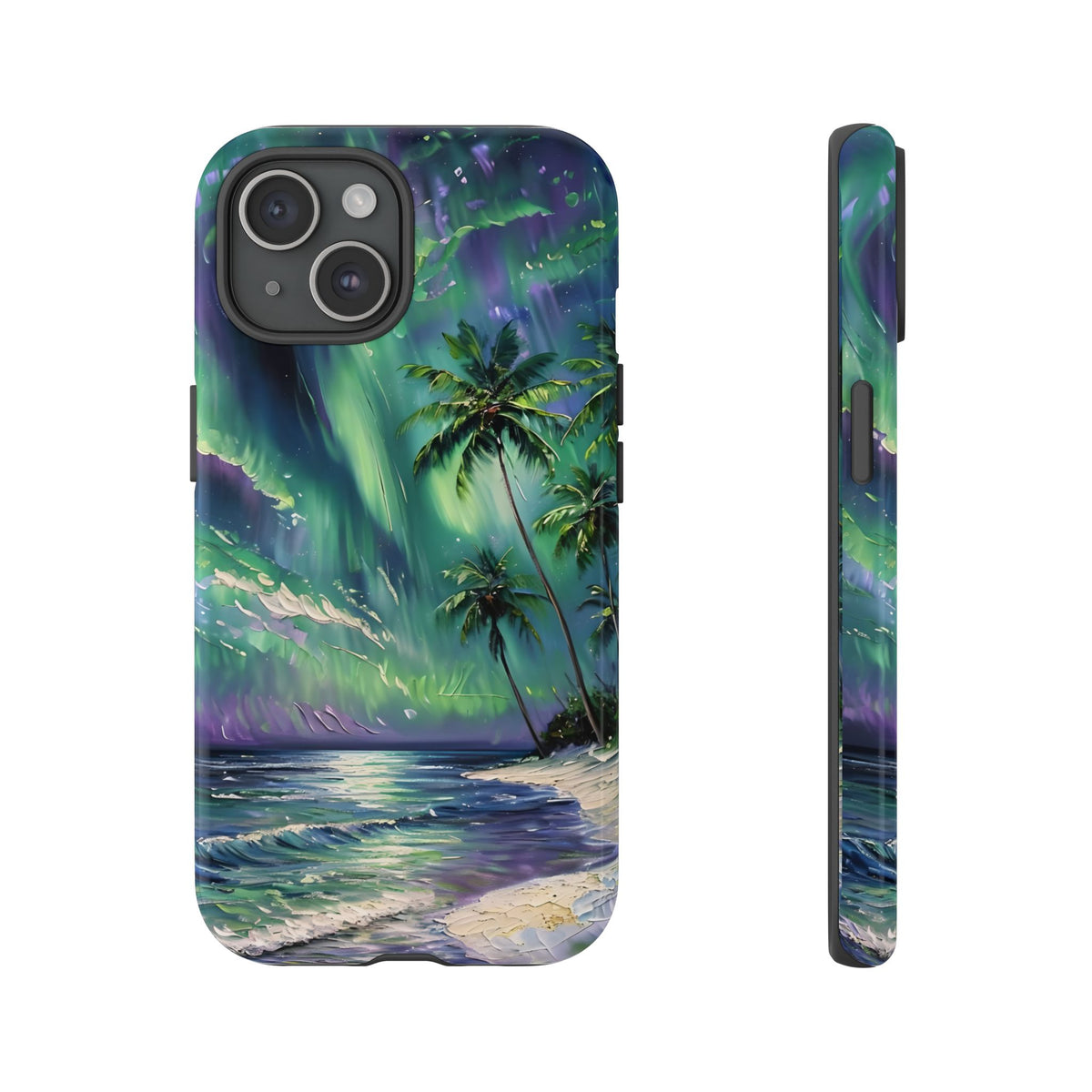 Tropical Beach Scenery Tough Phone Case, Oil Painting, Northern Lights Compatible with iPhone 17, 16, 15, 14, 13, Galaxy, Google