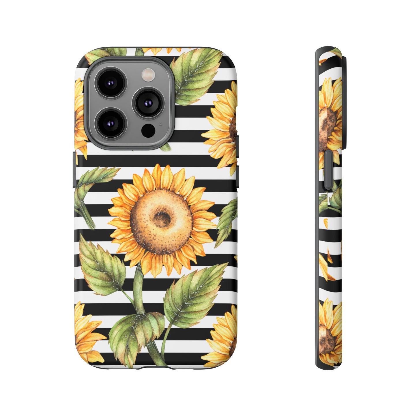 Sunflower Tough Phone Case - Bold Yellow Floral Art, Black and White Striped Aesthetic, Compatible with iPhone, Galaxy, and Google Phones