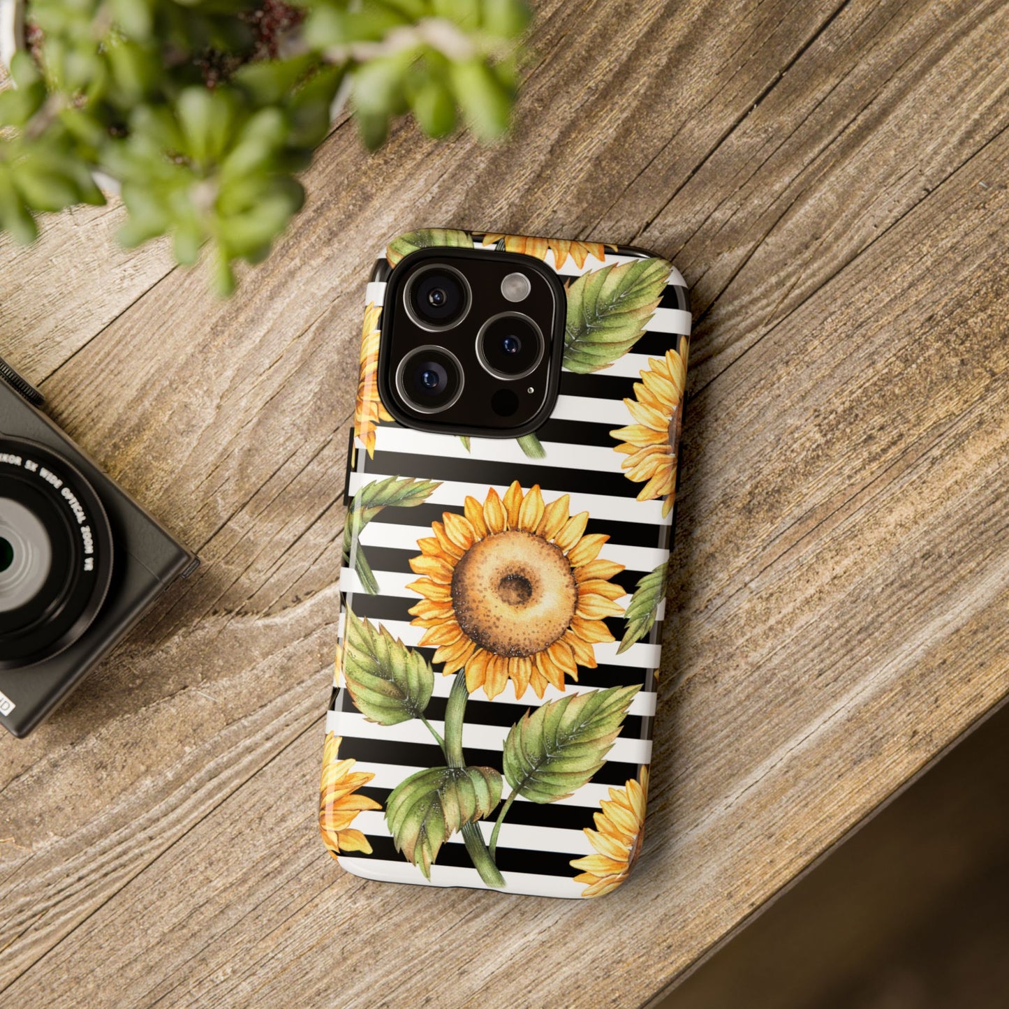 Sunflower Tough Phone Case - Bold Yellow Floral Art, Black and White Striped Aesthetic, Compatible with iPhone, Galaxy, and Google Phones