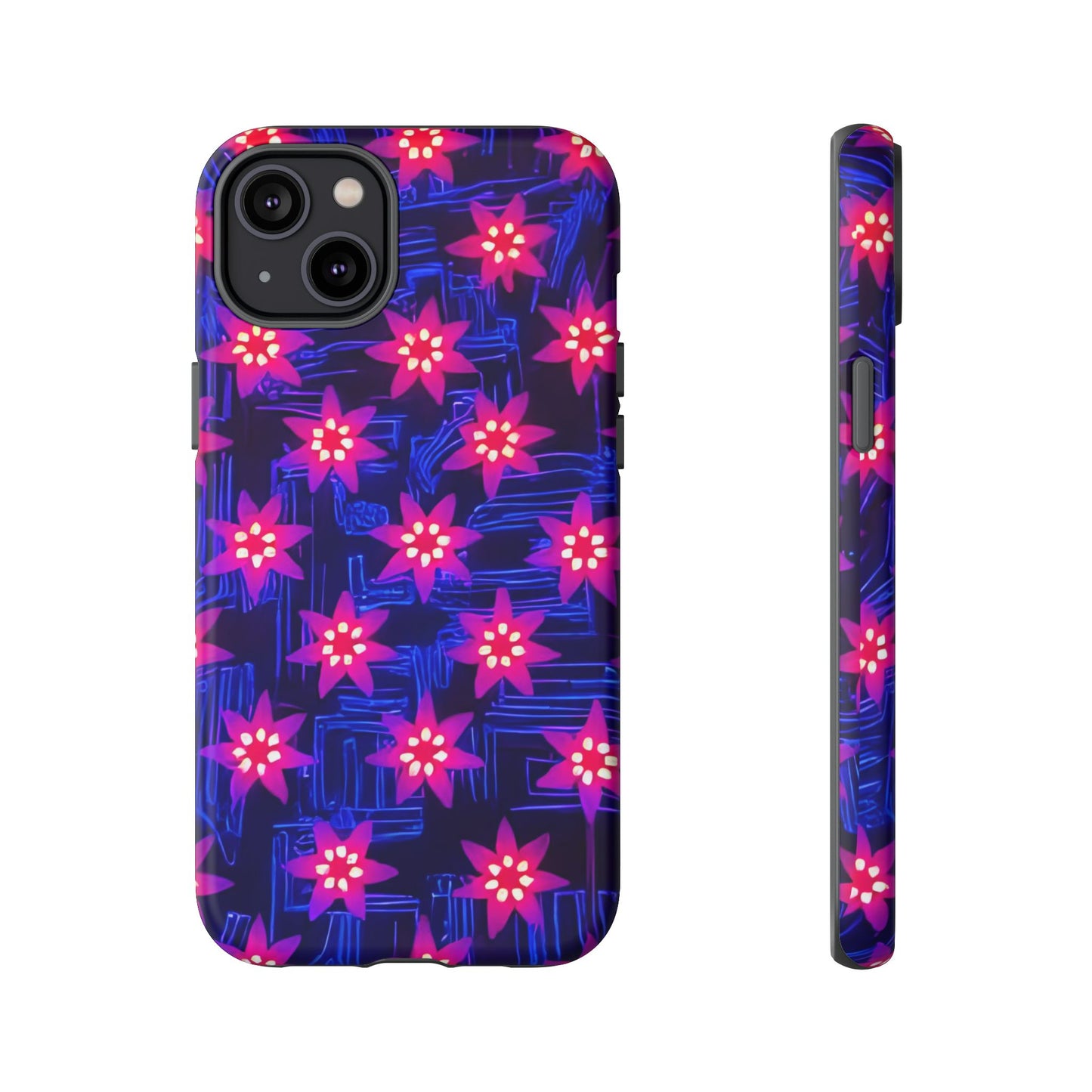 Neon Flower Tough Phone Case - Trippy Dark Floral Art, Electric Glow Aesthetic, Compatible with iPhone, Galaxy, and Google Phones