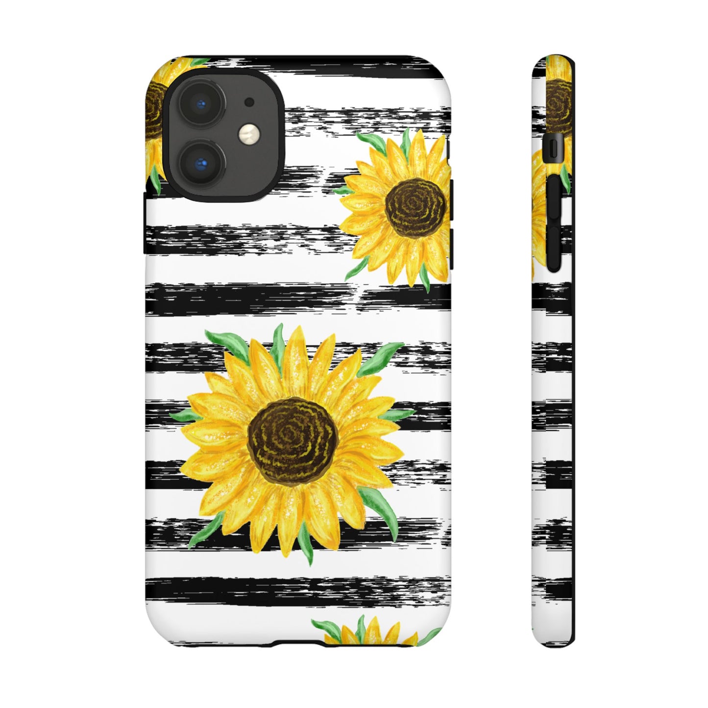 Sunflower Tough Phone Case - Bright Yellow Floral Art, Black and White Striped Aesthetic, Compatible with iPhone, Galaxy, and Google Phones