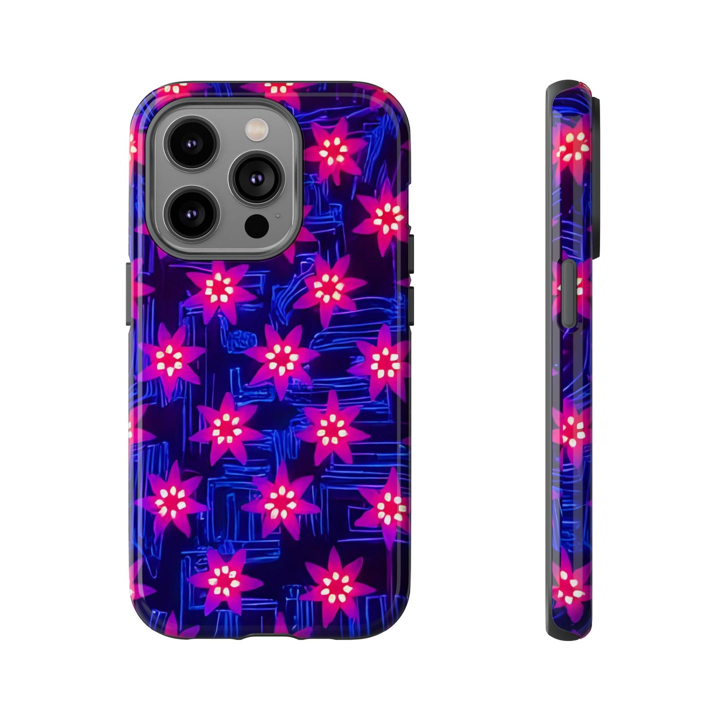 Neon Flower Tough Phone Case - Trippy Dark Floral Art, Electric Glow Aesthetic, Compatible with iPhone, Galaxy, and Google Phones